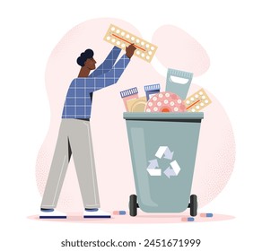 Man discarding medications in a recycling bin, vector illustration on a pink background, concept of proper disposal. Flat vector illustration