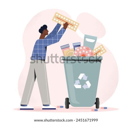Man discarding medications in a recycling bin, vector illustration on a pink background, concept of proper disposal. Flat vector illustration