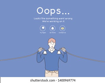 Man with disconnected cable in his hands. Text warning message, sorry something went wrong. Oops 404 error page, vector template for website. Hand drawn style vector design illustrations.