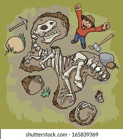 Man discovering a dinosaur fossil, vector illustration