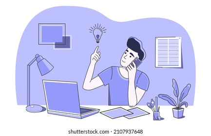 A man discusses an idea over the phone. A spontaneous thought. Work. Creativity. Online communication. Freelancing. Design. Quarantine. Home. Office. Vector. Graphics. Fancy illustration for websites.