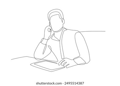 The man discussing the briefing on the phone. Business briefing concept one-line drawing