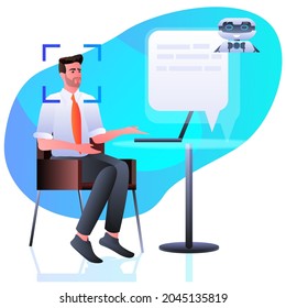 hombre discutiendo con chatbot asistente detección e identificación sistema de reconocimiento facial inteligencia artificial