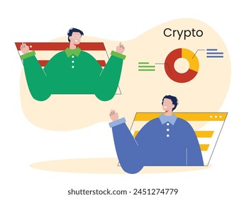 A man is discussing with his friend about crypto currency. Character design. Vector flat illustration