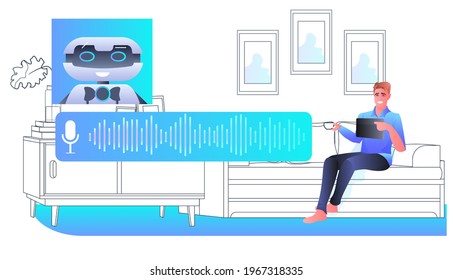 man discussing with robot chatbot assistant voice messages audio chat application online communication