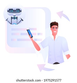 man discussing with robot chatbot assistant in mobile messenger app artificial intelligence concept