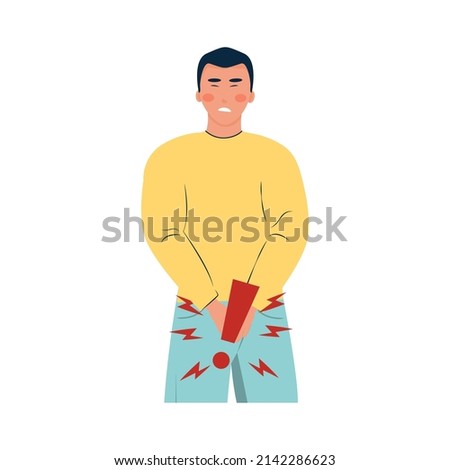 man with disease of genitourinary system. inflammation of prostate, pain. Bladder problems and urinary incontinence. Symptoms of prostatitis.  Isolated character. Vector illustration
