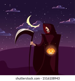 man disguised of death with moon in scene of halloween