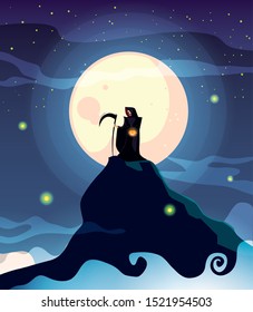 man disguised of death with moon in scene of halloween vector illustration design