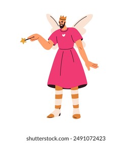 Man disguised in Tooth Fairy costume. Male princess character in funny Halloween dress with wings and magic wand. Creepy holiday magician. Flat vector illustration isolated on white background