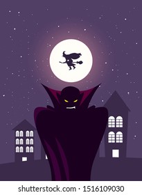 man disguised of vampire in scene of halloween