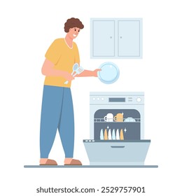 Man with dishwasher and clean dishes. Male character doing housework. Young man using household appliance. Vector illustration on white background.