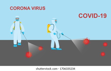 Man with disinfectant spray machine, sanitization process