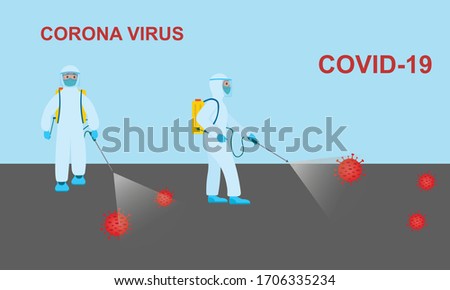 Man with disinfectant spray machine, sanitization process