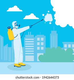Man disinfecting covid at city