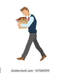 man dismissed from work going with a box of personal belongings.