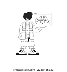 A man displaying an IoT logo as a linear vector illustration