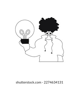 Man displaying lightbulb to represent ideas; linear style, vector illustration.
