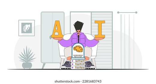 A man displaying a trendy, vector illustration of an AI brain.
