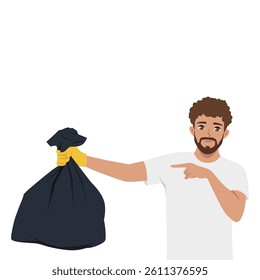 Man with displeased expression holds a black garbage bag with one hand while pointing at it. Flat Vector character illustration