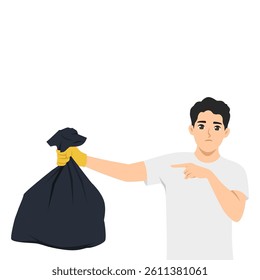 Man with a displeased expression holds a black garbage bag with one hand while pointing at it. Flat Vector character illustration
