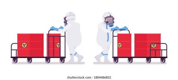 Man in disposable coverall pushing trolley with biohazard waste barrel. Worker in a white personal protective hooded apparel with respirator mask, suit Level C. Vector flat style cartoon illustration