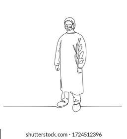 Ein Mann in Einweg-OP-Kleid mit Maske. Konsequente Vektorgrafik 