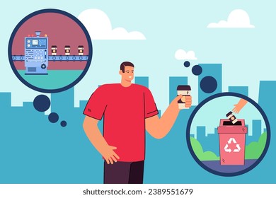 Hombre con ilustración vectorial de la taza de eliminación. Diferentes etapas de fabricación, uso y reciclado. Línea de producción, papelera de reciclaje. Ciclo de vida del producto