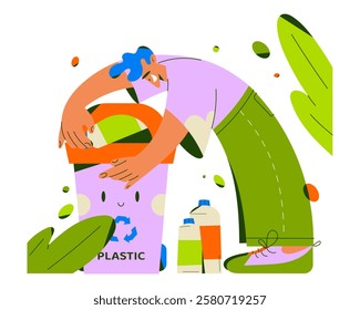 A man disposes of a plastic bottle in a recycling bin, promoting eco-friendly habits and sustainability. A vibrant conceptual illustration encouraging waste sorting and environmental awareness