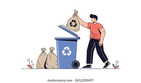 Man disposing of recyclable waste into a blue bin with bags of trash nearby promoting environmental responsibility and a cleaner planet