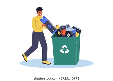 Hombre desechando baterías usadas en un contenedor de reciclaje dedicado Ilustración de un hombre que arroja responsablemente varias baterías usadas a la papelera de reciclaje para evitar la contaminación por desechos peligrosos