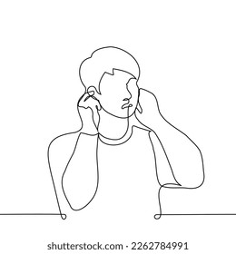 man is dissatisfied and closes his ears - one line drawing vector. concept covering ears from obnoxious loud sound