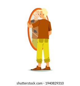 Man is dissatisfied with his appearance, cartoon vector illustration isolated.