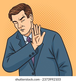 Man with dissatisfied refusal gesture businessman meme pinup pop art retro vector illustration. Comic book style imitation.