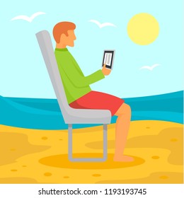 Man distant beach work concept background. Flat illustration of man distant beach work vector concept background for web design