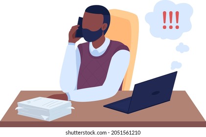 Man distracted from work semi flat color vector character. Sitting figure. Full body person on white. Procrastination isolated modern cartoon style illustration for graphic design and animation