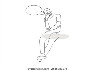 Mann in Not kontemplative Pose mit Sprechblase.  Linien-Symbol-fortlaufende Linien-Zeichnung. Bearbeitbarer Strich. 