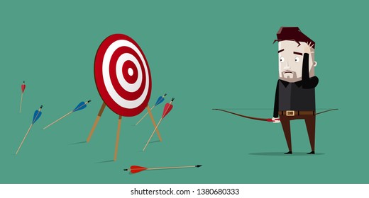 Man is distressed because not one arrow hits the target: goal not achieved