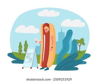 Man distributes advertisements. Young guy in hot dog costume with flyers. Promotion and commerce. Character give booklets with invitation to store. Flat vector illustration isolated on background