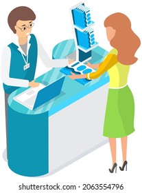 Man distributes flyers near presentation stand. Leafleting, advertising campaign. Distributor advertises exhibition, presentation. Male promoter giving leaflet flier with advertisement to woman