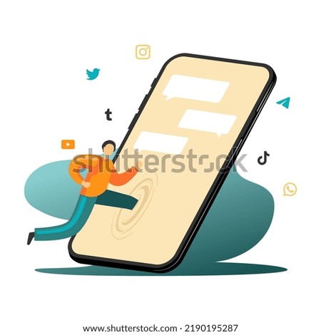Man dive in mobile phone, use social media and chat. Person with smartphone, surfing the net and text illustration in flat design