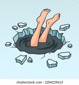 man dived into cold winter water in ice hole pinup pop art retro vector illustration. Comic book style imitation.