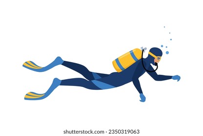 Man Diver with diving equipment wearing wetsuit with oxygen tank and fins. Vector illustration isolated