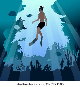 Man diver in with mask, with a fish at the bottom of the sea. Underwater landscape with flora and fauna, c against the backdrop of reefs. Snorkeling vector illustration