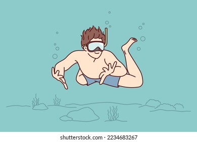 Man diver swims underwater enjoy exploring ocean floor with rocks and algae. Guy in swimming trunks and diving mask spends summer vacation at sea doing underwater tourism. Flat vector illustration 