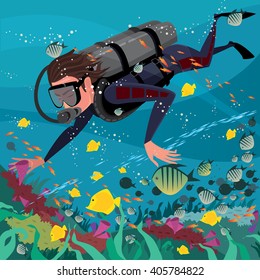 Man diver in wetsuit and with scuba exploring coral reef - Underwater world or scuba diving concept. Vector illustration