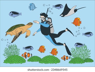 A Man dives among corals and fishes in the ocean. Diving with animals. Man Diving swim over the live coral reef full of fish and sea anemones. Underwater world. Coral reef and fishes in Red sea. 2289