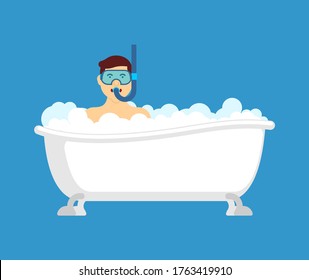 Man dives in bath. Man in swimming mask and snorkel. vector illustration