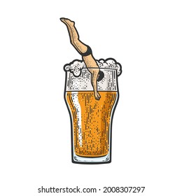 man dives into a glass of beer color line art sketch engraving vector illustration. T-shirt apparel print design. Scratch board imitation. Black and white hand drawn image.