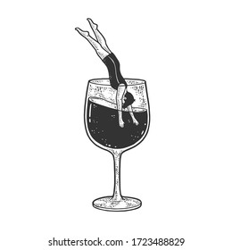 man dives into a glass of wine sketch engraving vector illustration. T-shirt apparel print design. Scratch board imitation. Black and white hand drawn image.